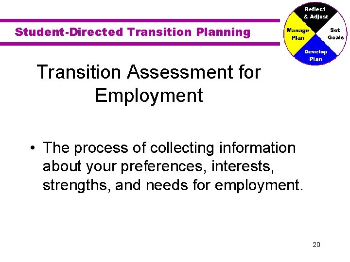 Student-Directed Transition Planning Transition Assessment for Employment • The process of collecting information about