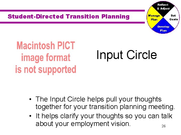 Student-Directed Transition Planning Input Circle • The Input Circle helps pull your thoughts together