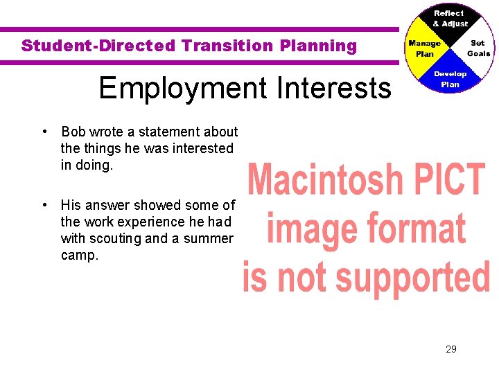 Student-Directed Transition Planning Employment Interests • Bob wrote a statement about the things he