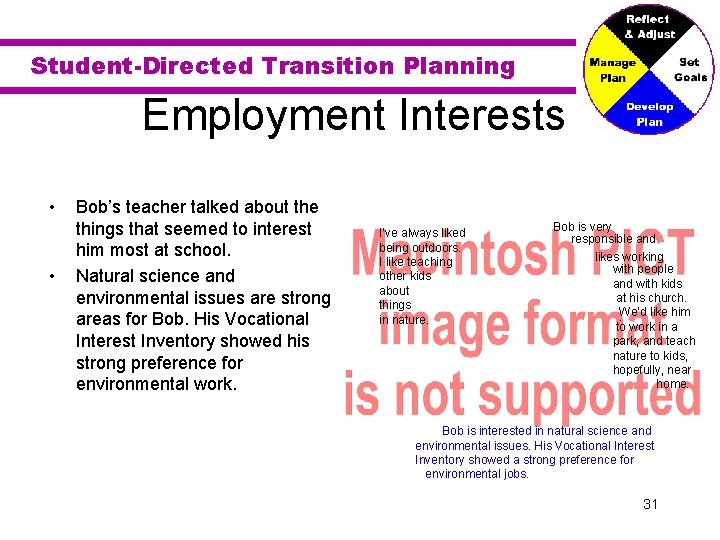 Student-Directed Transition Planning Employment Interests • • Bob’s teacher talked about the things that