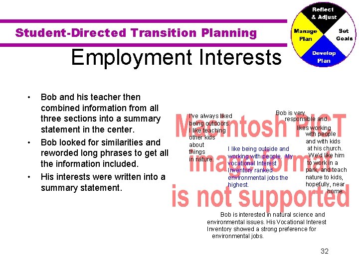 Student-Directed Transition Planning Employment Interests • • • Bob and his teacher then combined