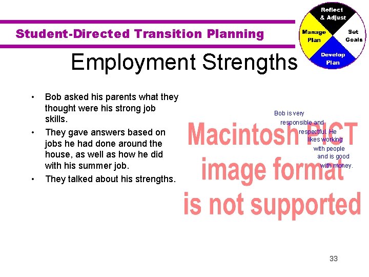 Student-Directed Transition Planning Employment Strengths • • • Bob asked his parents what they