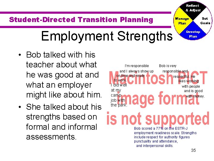 Student-Directed Transition Planning Employment Strengths • Bob talked with his teacher about what he