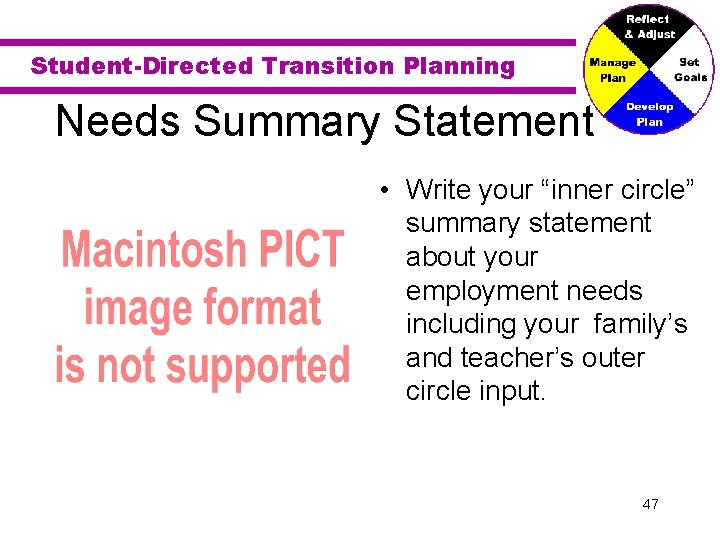 Student-Directed Transition Planning Needs Summary Statement • Write your “inner circle” summary statement about