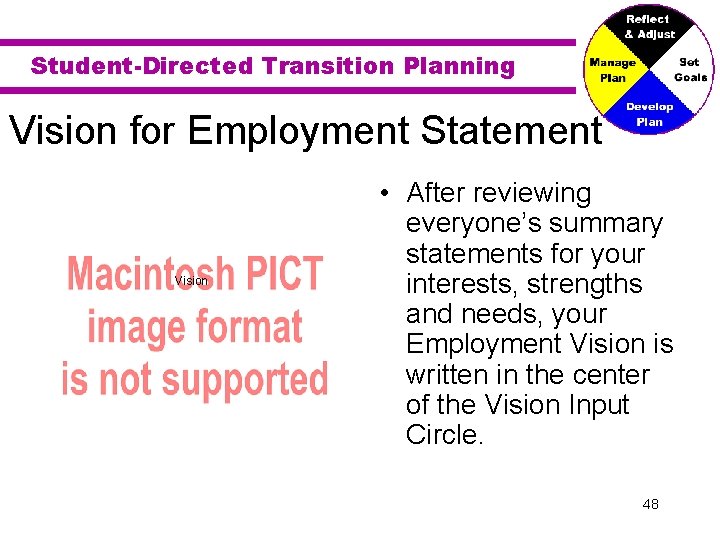 Student-Directed Transition Planning Vision for Employment Statement Vision • After reviewing everyone’s summary statements