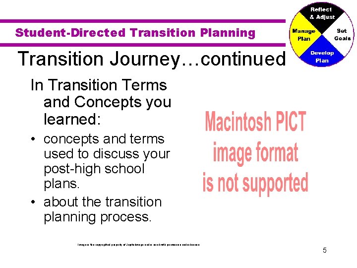 Student-Directed Transition Planning Transition Journey…continued In Transition Terms and Concepts you learned: • concepts