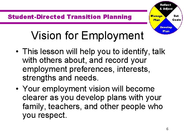 Student-Directed Transition Planning Vision for Employment • This lesson will help you to identify,