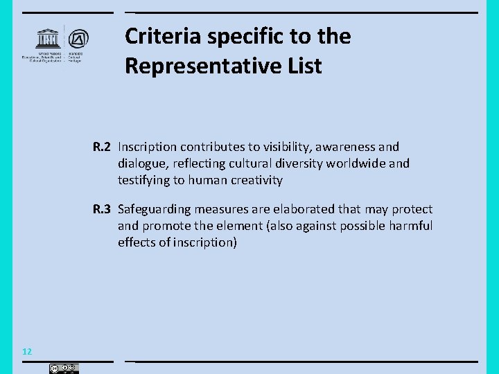 Criteria specific to the Representative List R. 2 Inscription contributes to visibility, awareness and