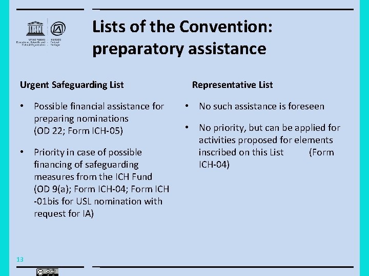 Lists of the Convention: preparatory assistance Urgent Safeguarding List • Possible financial assistance for