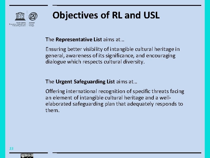 Objectives of RL and USL The Representative List aims at… Ensuring better visibility of