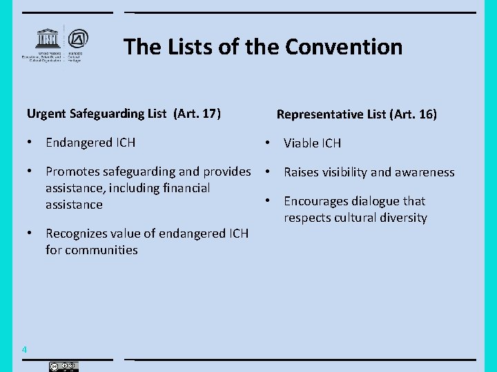 The Lists of the Convention Urgent Safeguarding List (Art. 17) Representative List (Art. 16)