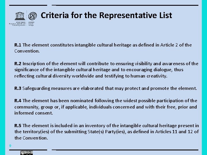 Criteria for the Representative List R. 1 The element constitutes intangible cultural heritage as