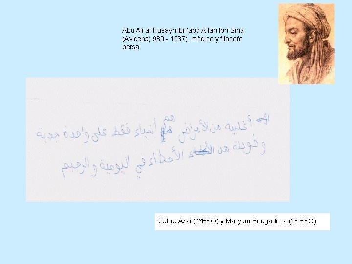 Abu’Ali al Husayn ibn’abd Allah Ibn Sina (Avicena; 980 - 1037), médico y filósofo