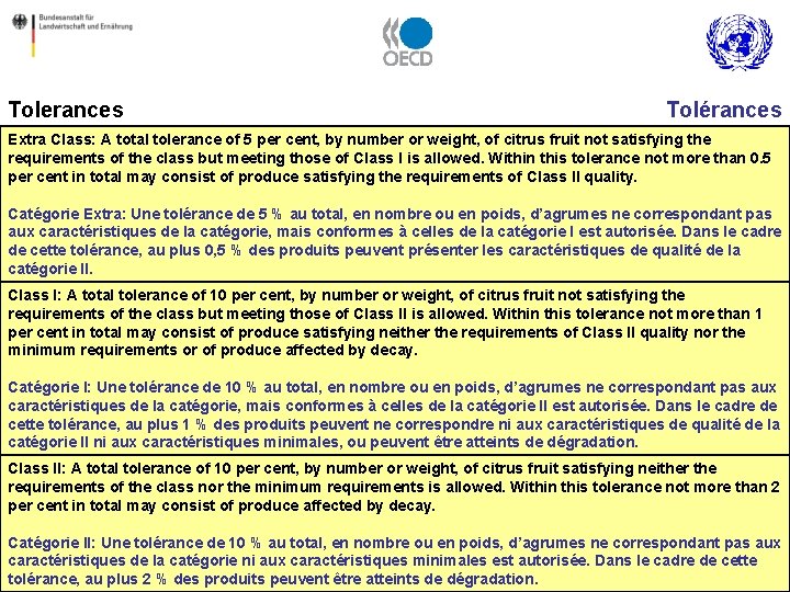 Tolerances Tolérances Extra Class: A total tolerance of 5 per cent, by number or