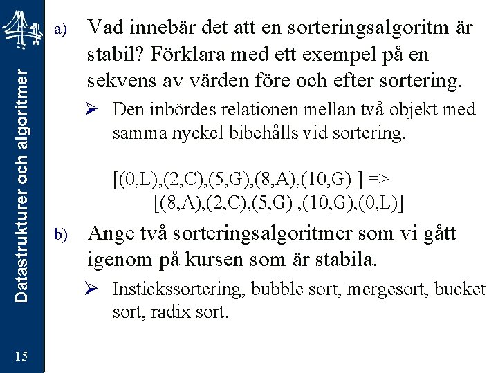 Datastrukturer och algoritmer a) 15 Vad innebär det att en sorteringsalgoritm är stabil? Förklara