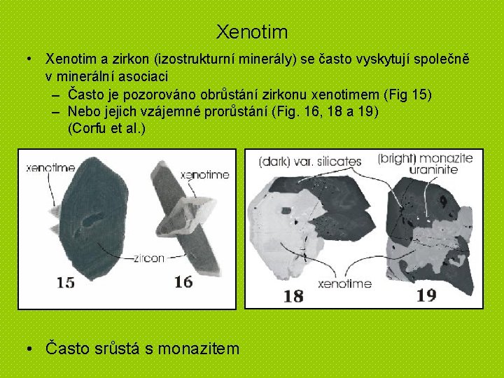 Xenotim • Xenotim a zirkon (izostrukturní minerály) se často vyskytují společně v minerální asociaci