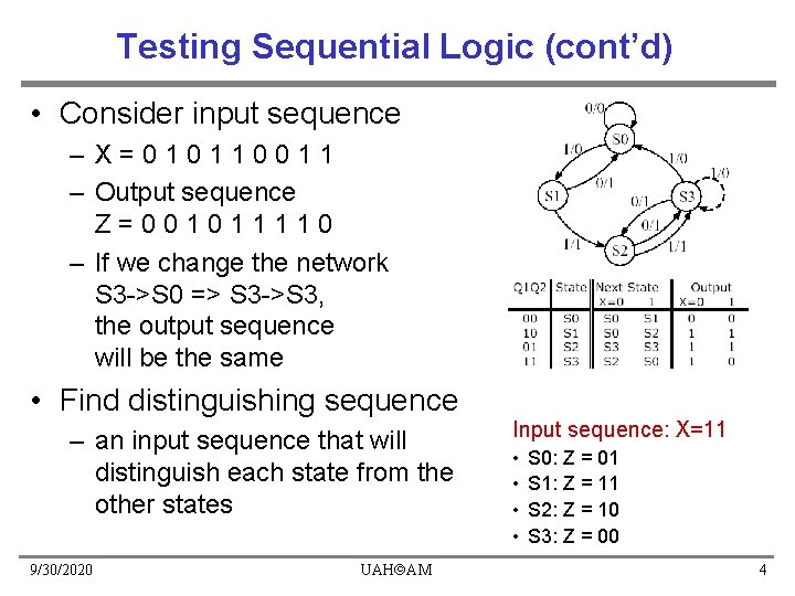 Testing Sequential Logic (cont’d) • Consider input sequence – X=010110011 – Output sequence Z=001011110