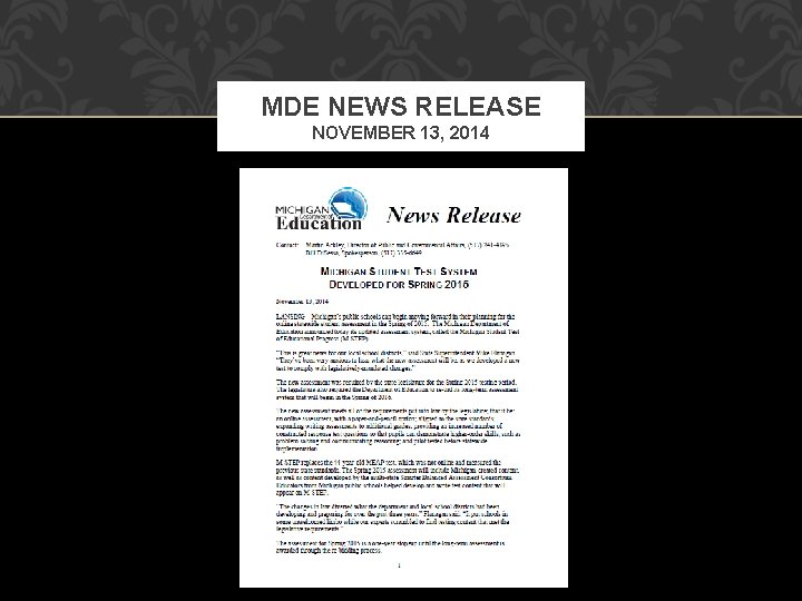 MDE NEWS RELEASE NOVEMBER 13, 2014 