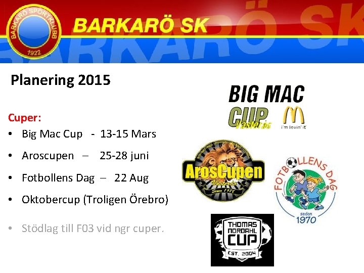 Planering 2015 Cuper: • Big Mac Cup - 13 -15 Mars • Aroscupen –