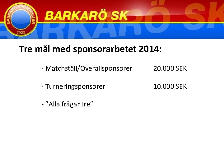 Tre mål med sponsorarbetet 2014: - Matchställ/Overallsponsorer 20. 000 SEK - Turneringsponsorer 10. 000