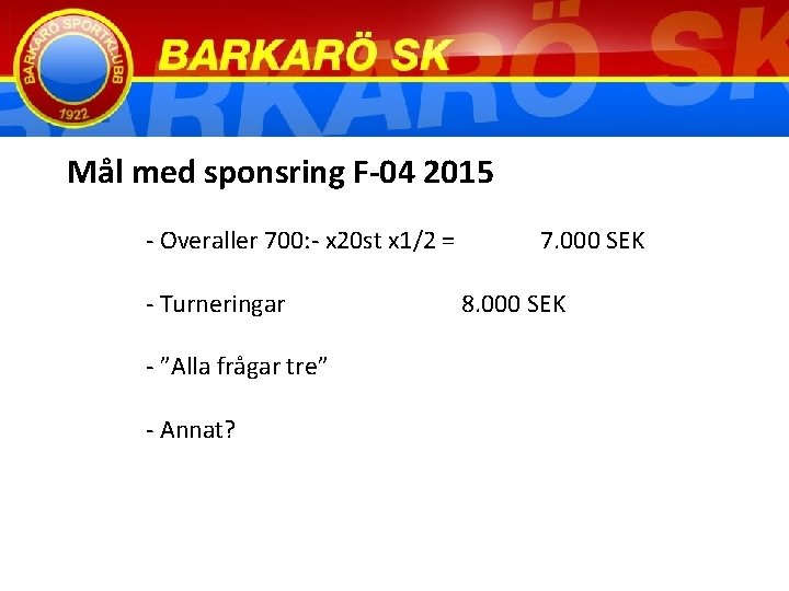 Mål med sponsring F-04 2015 - Overaller 700: - x 20 st x 1/2