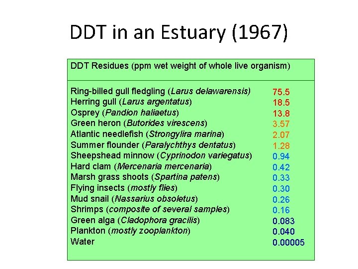 DDT in an Estuary (1967) DDT Residues (ppm wet weight of whole live organism)