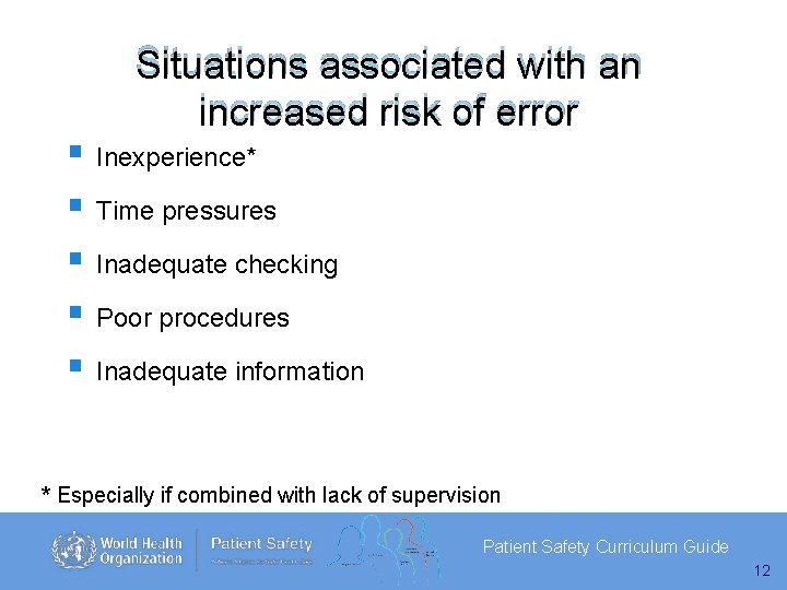 Situations associated with an increased risk of error Inexperience* Time pressures Inadequate checking Poor