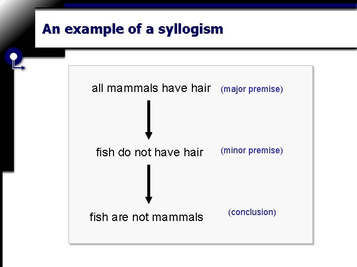 An example of a syllogism all mammals have hair (major premise) fish do not