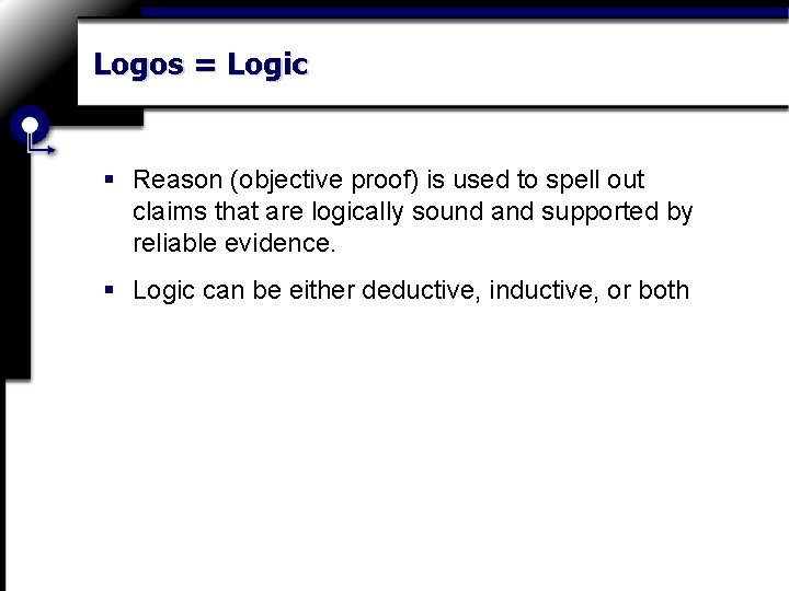 Logos = Logic § Reason (objective proof) is used to spell out claims that