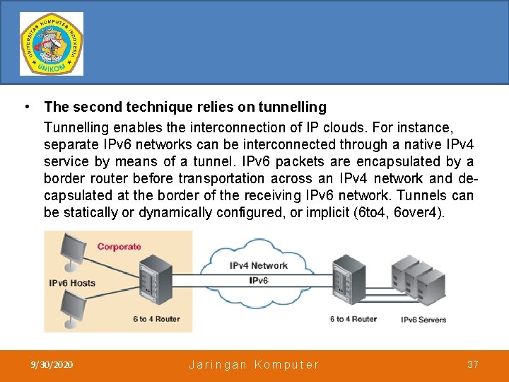  • The second technique relies on tunnelling Tunnelling enables the interconnection of IP