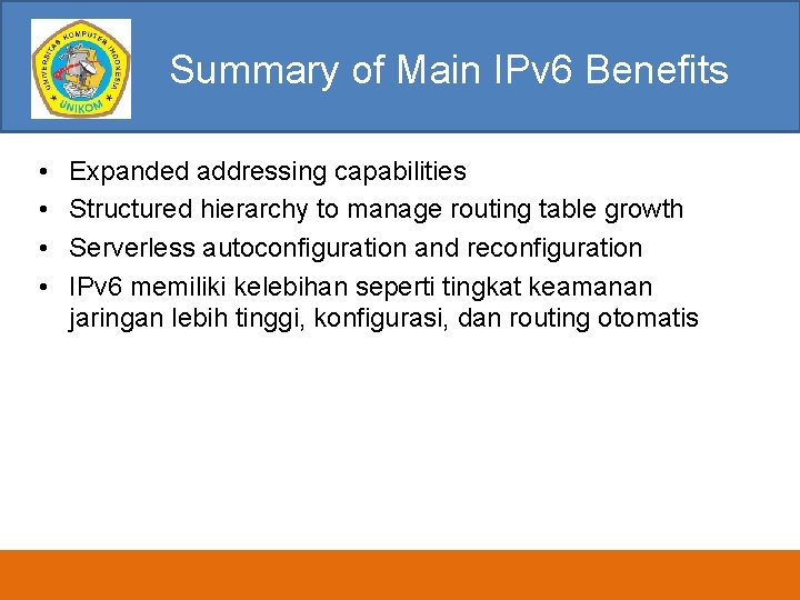 Summary of Main IPv 6 Benefits • • Expanded addressing capabilities Structured hierarchy to