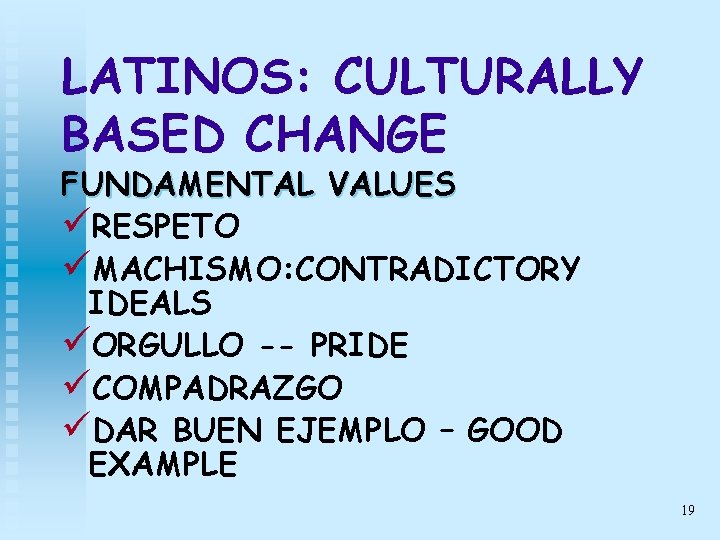 LATINOS: CULTURALLY BASED CHANGE FUNDAMENTAL VALUES üRESPETO üMACHISMO: CONTRADICTORY IDEALS üORGULLO -- PRIDE üCOMPADRAZGO LATINOS: CULTURALLY BASED CHANGE FUNDAMENTAL VALUES üRESPETO üMACHISMO: CONTRADICTORY IDEALS üORGULLO -- PRIDE üCOMPADRAZGO