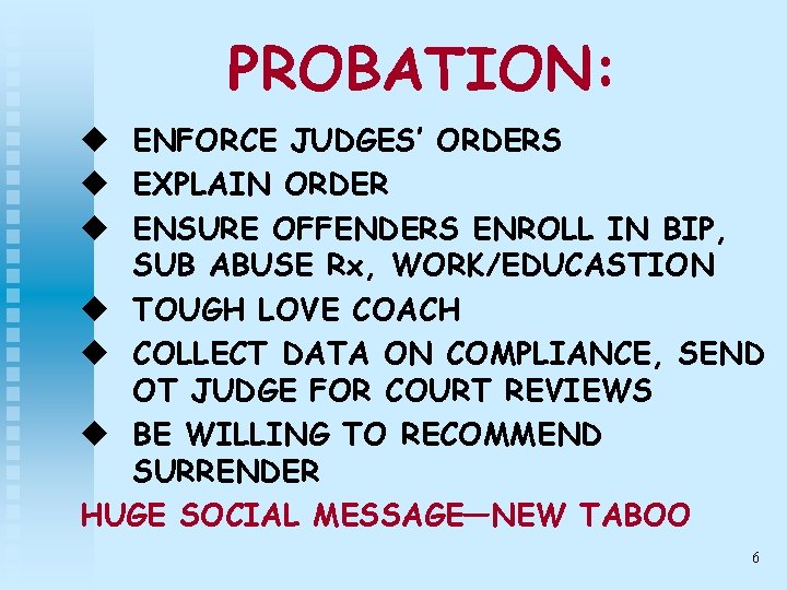 PROBATION: u ENFORCE JUDGES’ ORDERS u EXPLAIN ORDER u ENSURE OFFENDERS ENROLL IN BIP,