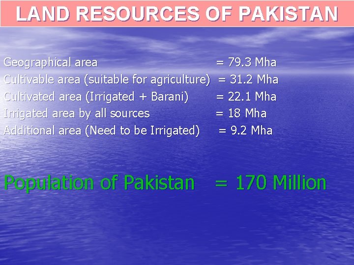 LAND RESOURCES OF PAKISTAN Geographical area Cultivable area (suitable for agriculture) Cultivated area (Irrigated