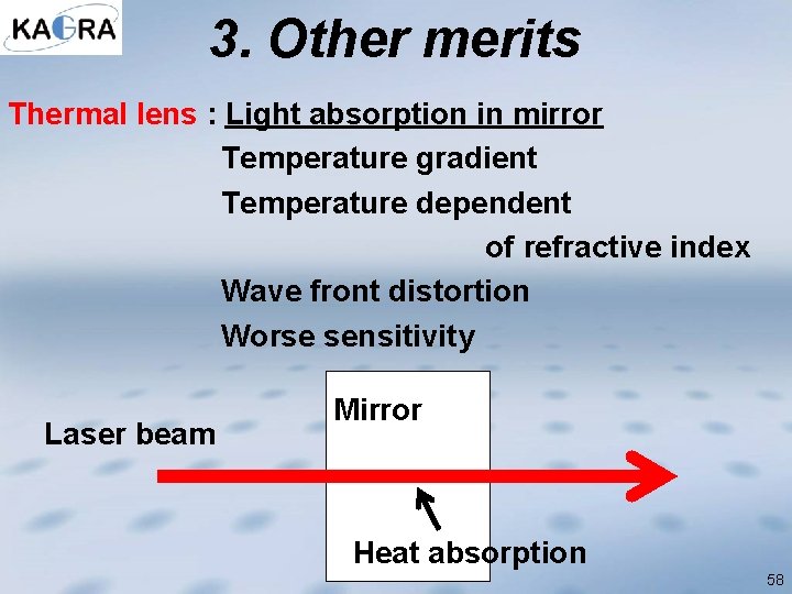 3. Other merits Thermal lens : Light absorption in mirror Temperature gradient Temperature dependent