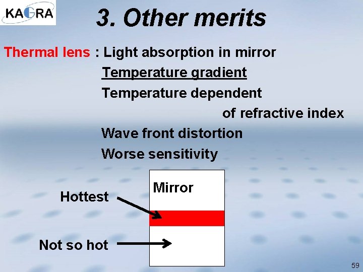 3. Other merits Thermal lens : Light absorption in mirror Temperature gradient Temperature dependent
