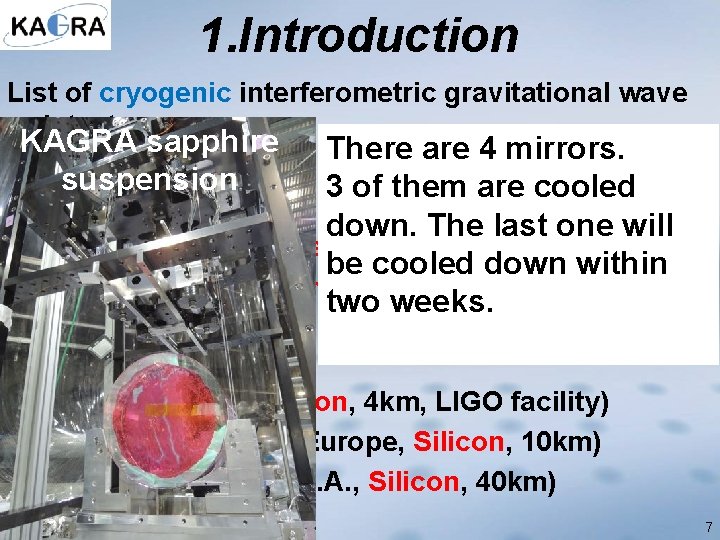 1. Introduction List of cryogenic interferometric gravitational wave detectors KAGRA sapphire suspension There are