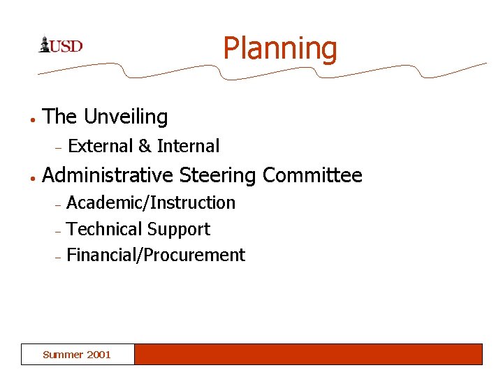 Planning • The Unveiling – • External & Internal Administrative Steering Committee – –