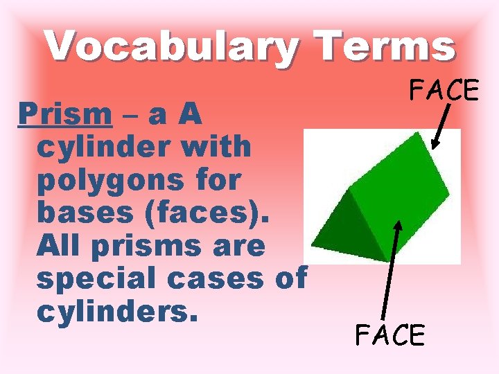 Vocabulary Terms Prism – a A cylinder with polygons for bases (faces). All prisms