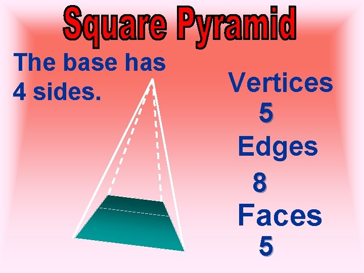 The base has 4 sides. Vertices 5 Edges 8 Faces 5 