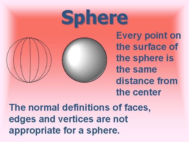 Sphere Every point on the surface of the sphere is the same distance from