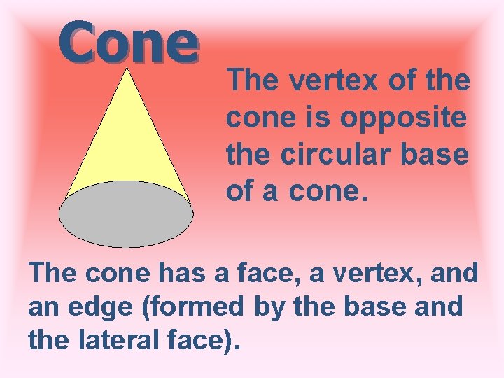 Cone The vertex of the cone is opposite the circular base of a cone.