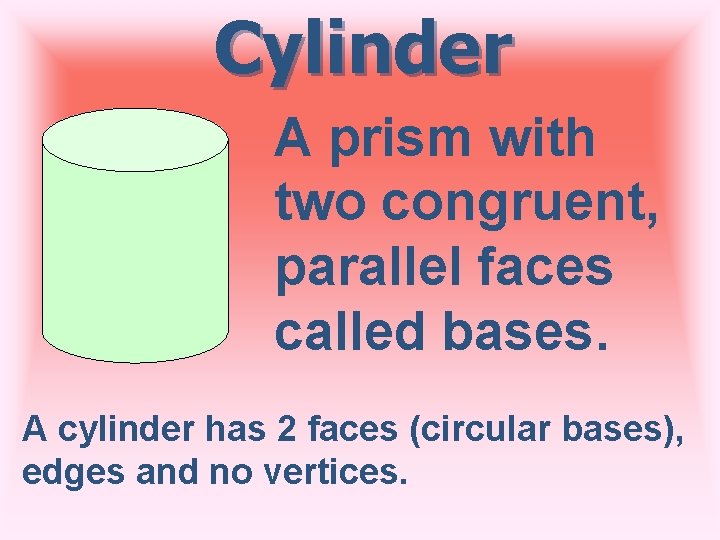 Cylinder A prism with two congruent, parallel faces called bases. A cylinder has 2