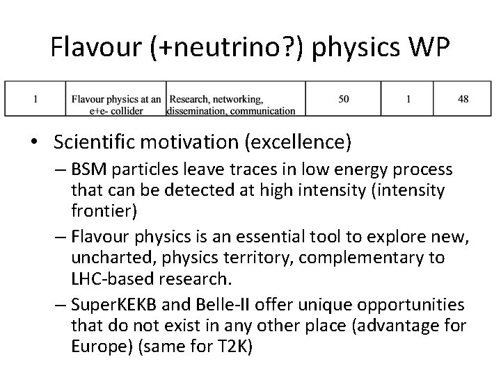 Flavour (+neutrino? ) physics WP • Scientific motivation (excellence) – BSM particles leave traces