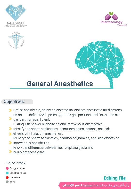 General Anesthetics Objectives: Define anesthesia, balanced anesthesia, and pre-anesthetic medications. Be able to define