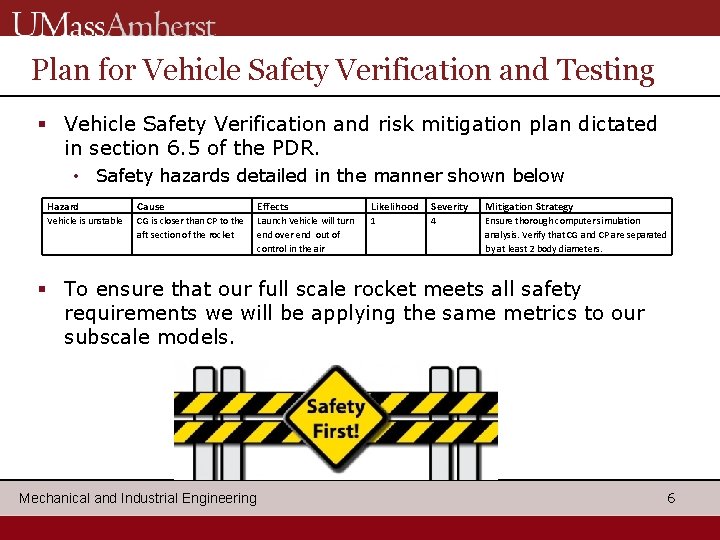 Plan for Vehicle Safety Verification and Testing § Vehicle Safety Verification and risk mitigation