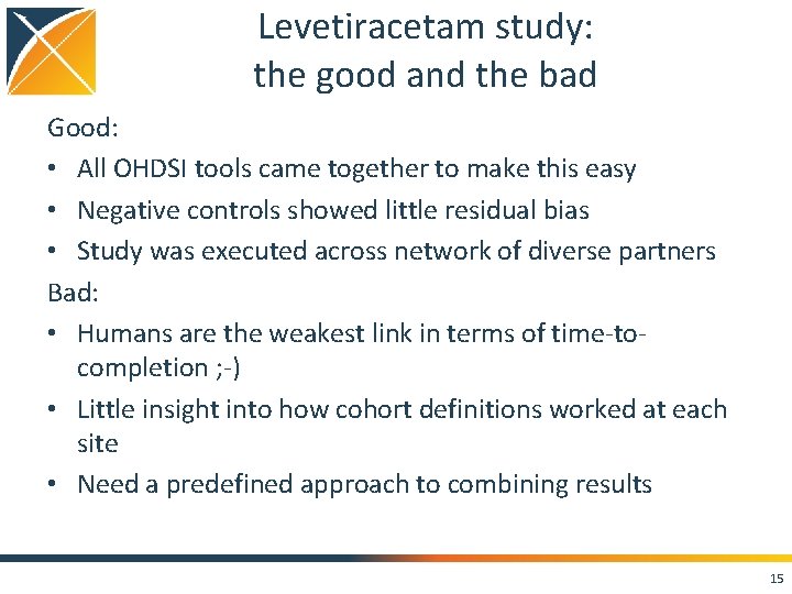 Levetiracetam study: the good and the bad Good: • All OHDSI tools came together