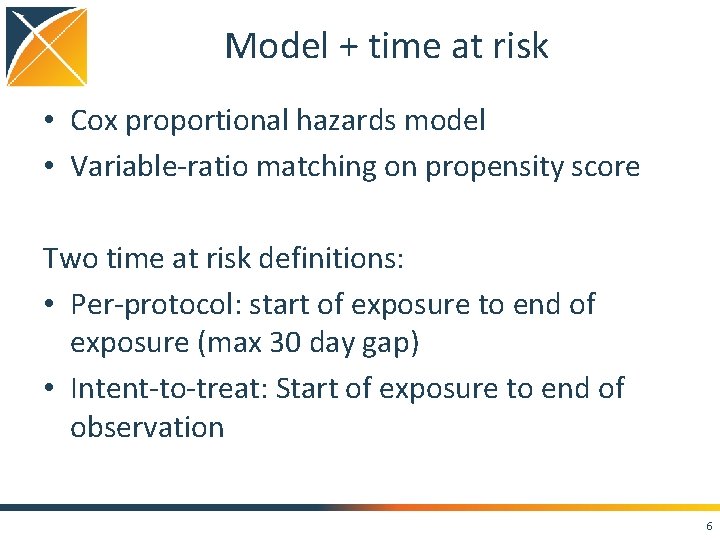 Model + time at risk • Cox proportional hazards model • Variable-ratio matching on