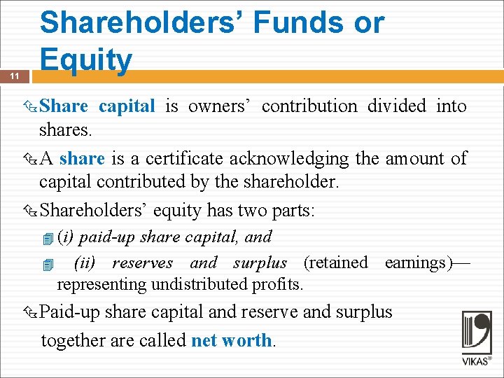 11 Shareholders’ Funds or Equity Share capital is owners’ contribution divided into shares. A