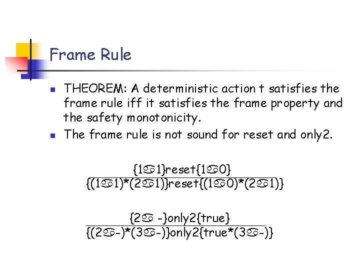 Frame Rule n n THEOREM: A deterministic action t satisfies the frame rule iff